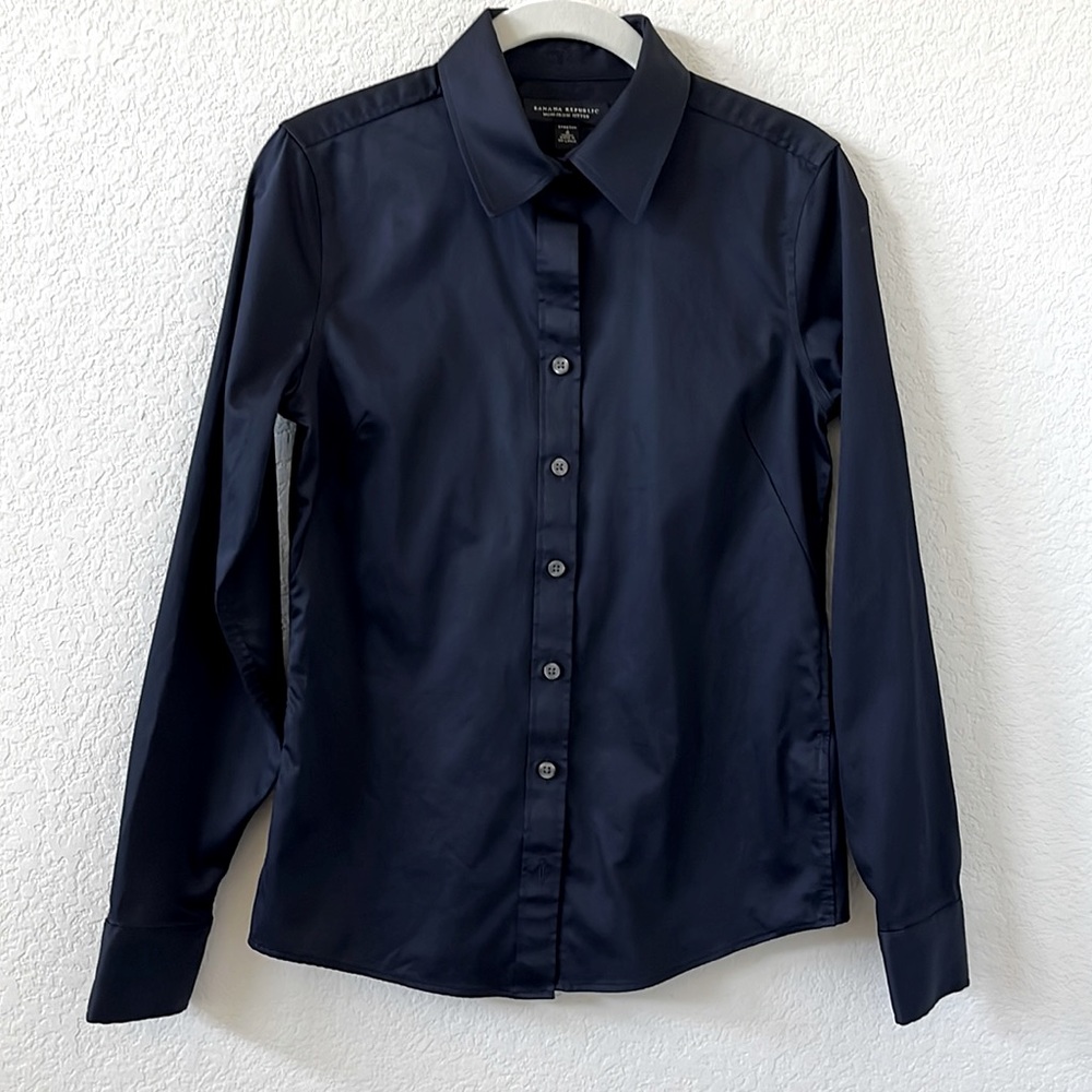 Womens Navy Long Sleeve Button Down